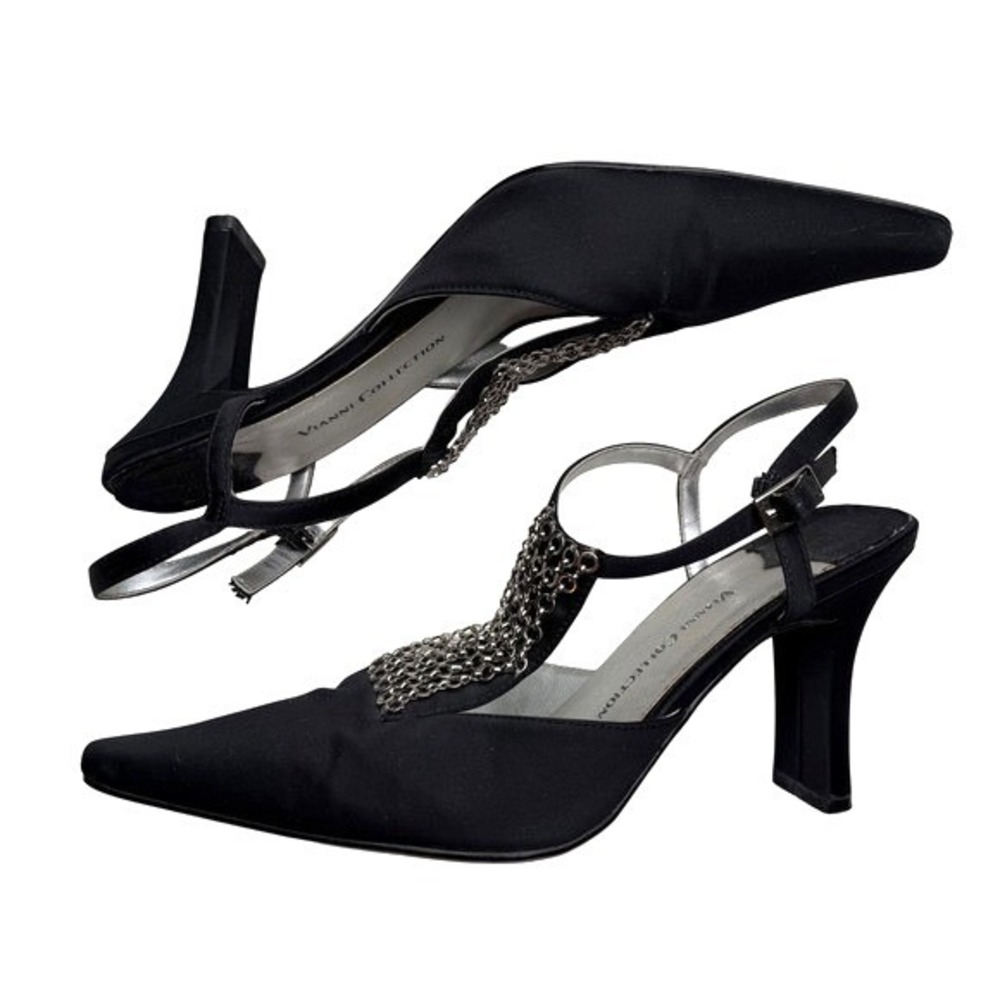 Vianni Collection Slingback Heels Black Silver Chain T-Strap Y2K Glam Mob Wife 8